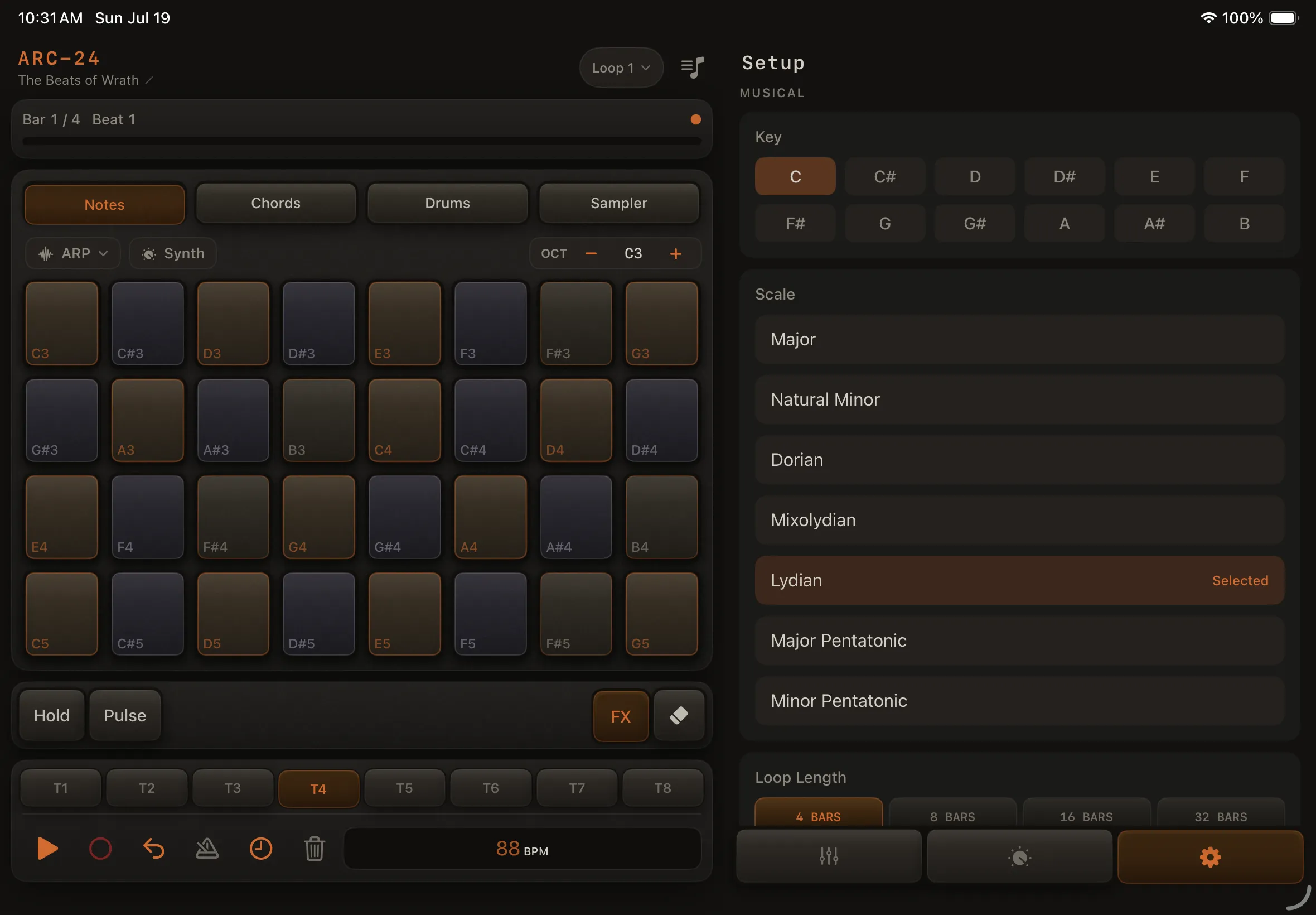 ARC-24 Setup key and scale view on iPad